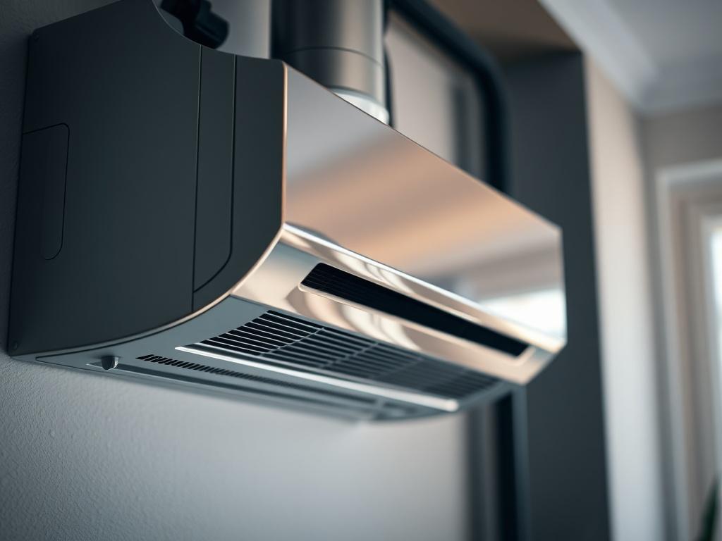 A close-up shot of a sleek, modern HVAC system installed in a home, showcasing its high-quality design. The background is subtly blurred to emphasize the system. The image is rendered in hyper-realistic detail, with a focus on the system's polished surfaces and intricate components, shot with a 45mm f/1.2 lens style.