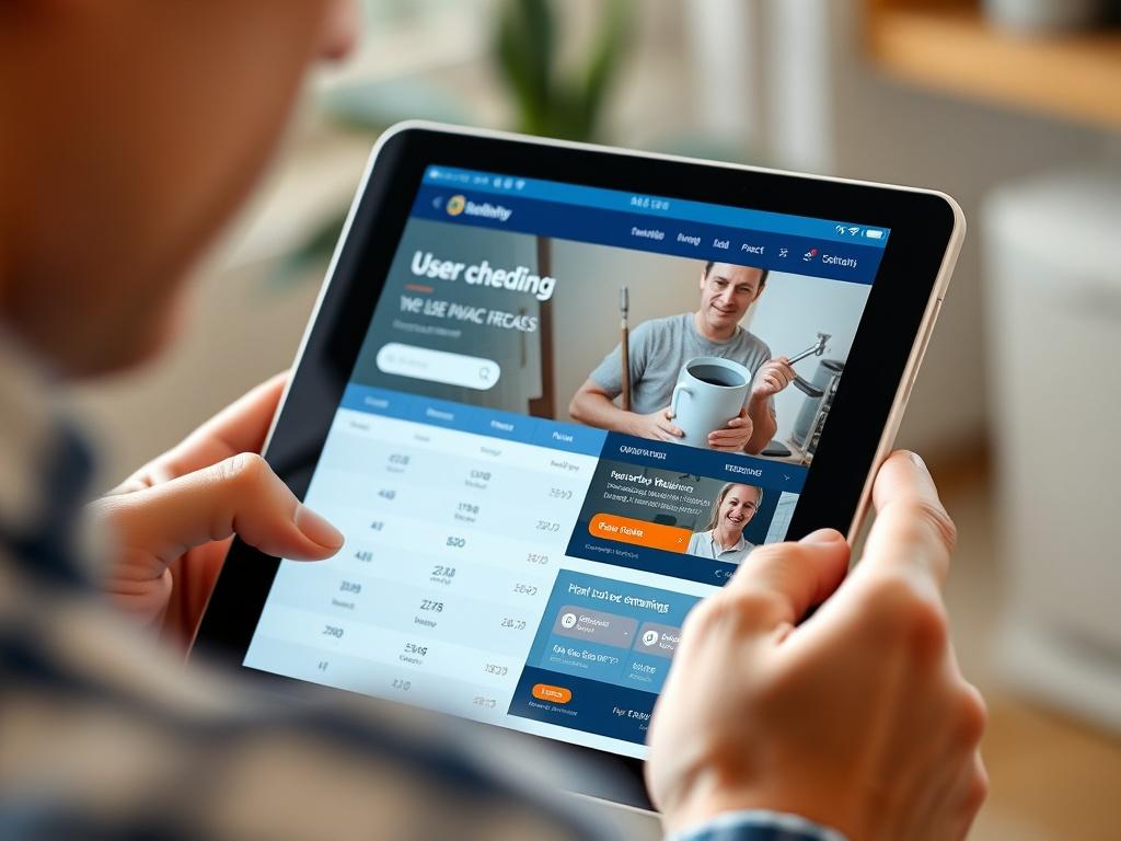 A close-up shot of a person using a tablet or smartphone to navigate a user-friendly HVAC website. The screen displays a clear scheduling interface, emphasizing ease of use. The background is softly blurred, focusing on the device's screen, and rendered in hyper-realistic detail, shot with a 45mm f/1.2 lens style.