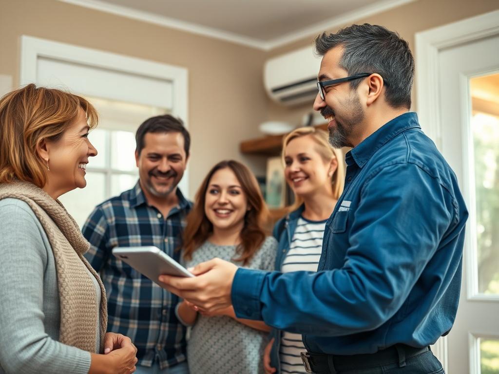 A close-up shot of a happy family interacting with an HVAC technician in their home. The technician is explaining features of the HVAC system, with a warm and inviting atmosphere. The image captures the connection between the family and the professional, rendered in hyper-realistic detail, shot with a 45mm f/1.2 lens style.