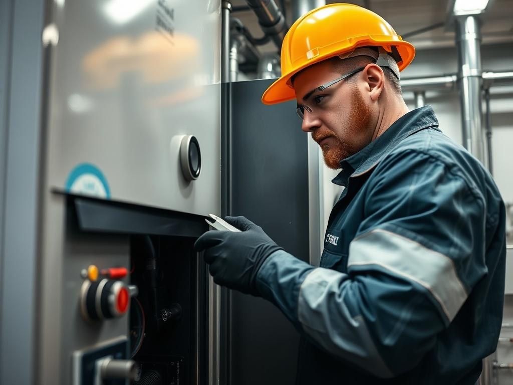 A close-up shot of a technician performing a boiler service. The technician is inspecting the boiler, wearing safety gear and using tools. The background is a neatly organized utility room with pipes and equipment, emphasizing a professional setting. The image should reflect a hyper-realistic style, shot with a 45mm f/1.2 lens, showcasing the technician's focused expression and the intricate details of the boiler.