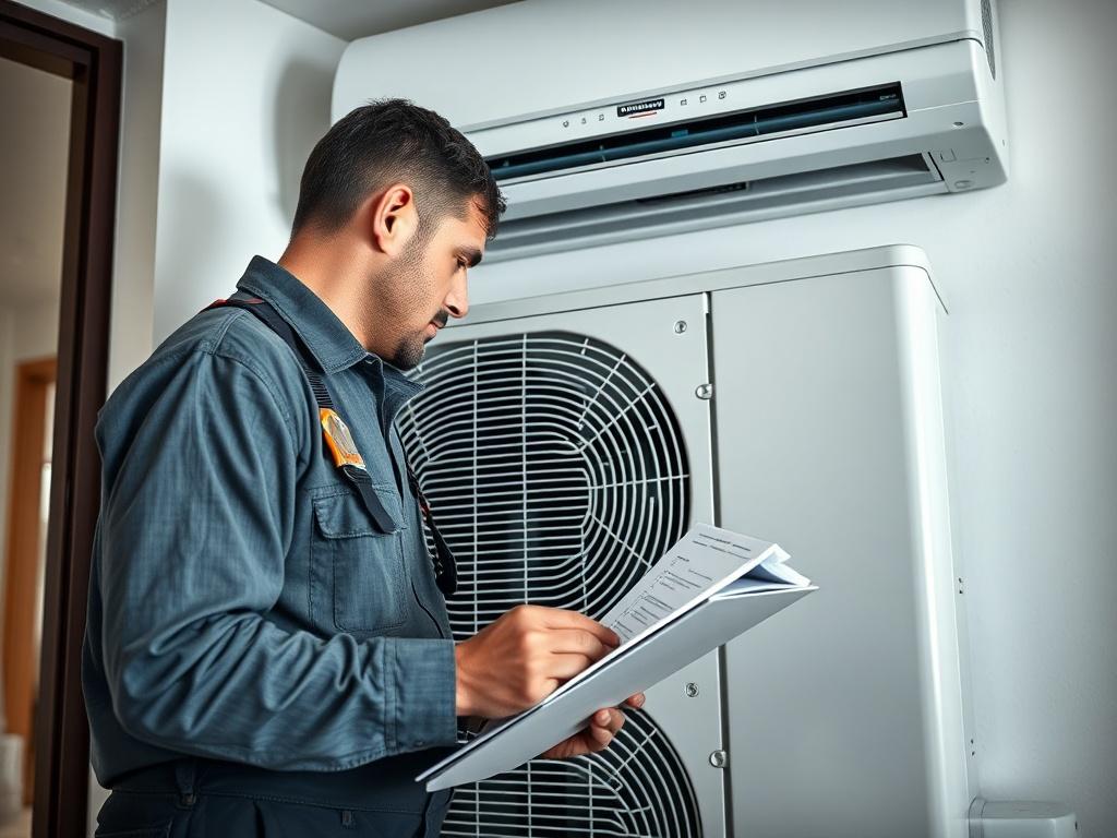 A technician performing a full system startup on a newly installed air conditioning unit, with tools visible and a checklist in hand. The scene is set in a modern home, showcasing the advanced technology being utilized. The image should capture the attention to detail and professionalism of the installation process.