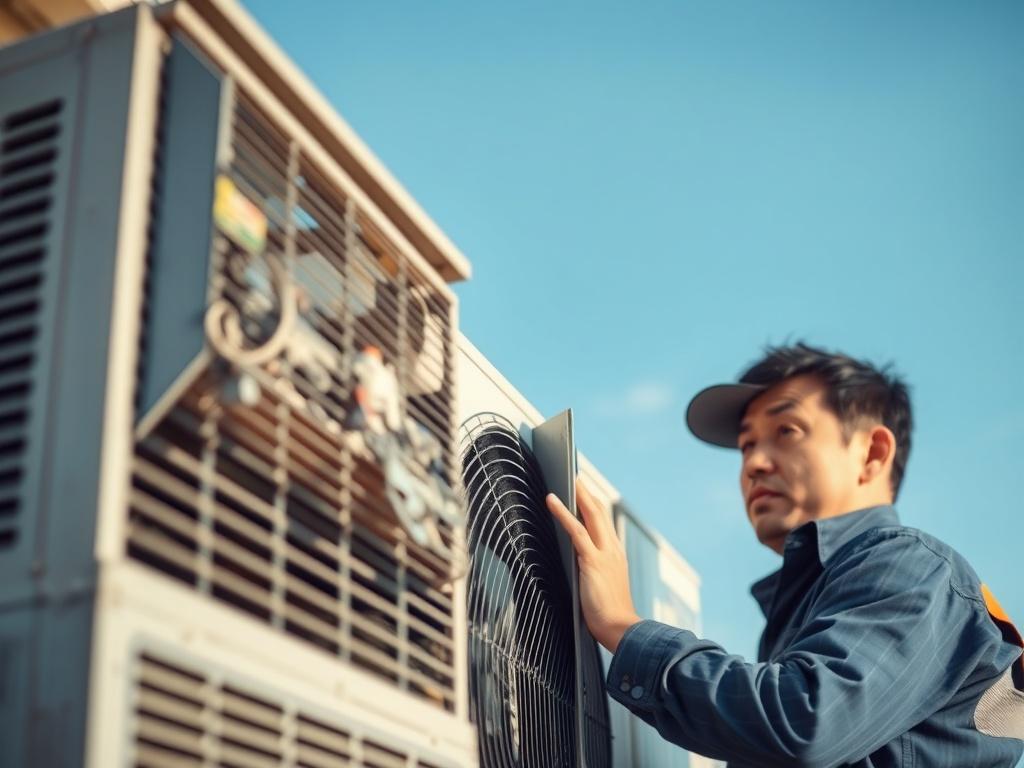 A visual representation of a broken air conditioning unit with a technician inspecting it. The technician is looking concerned while checking the malfunctioning unit outdoors, with a clear sky in the background. The image should convey the need for timely action and highlight the importance of maintenance in an engaging way.