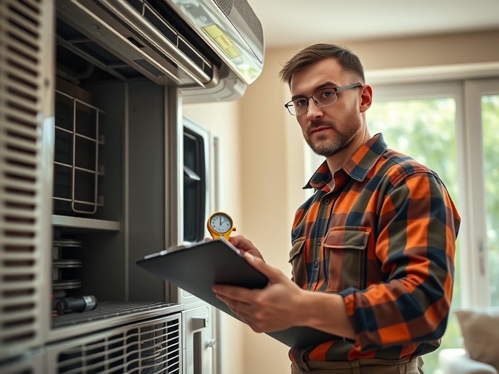 A skilled technician evaluating an air conditioning unit in a residential setting. The technician is holding a clipboard and measuring equipment, showcasing professionalism and expertise. The background includes a home environment with greenery outside, emphasizing a comfortable and inviting atmosphere. The image should be bright and clear, highlighting the technician's focused expression.