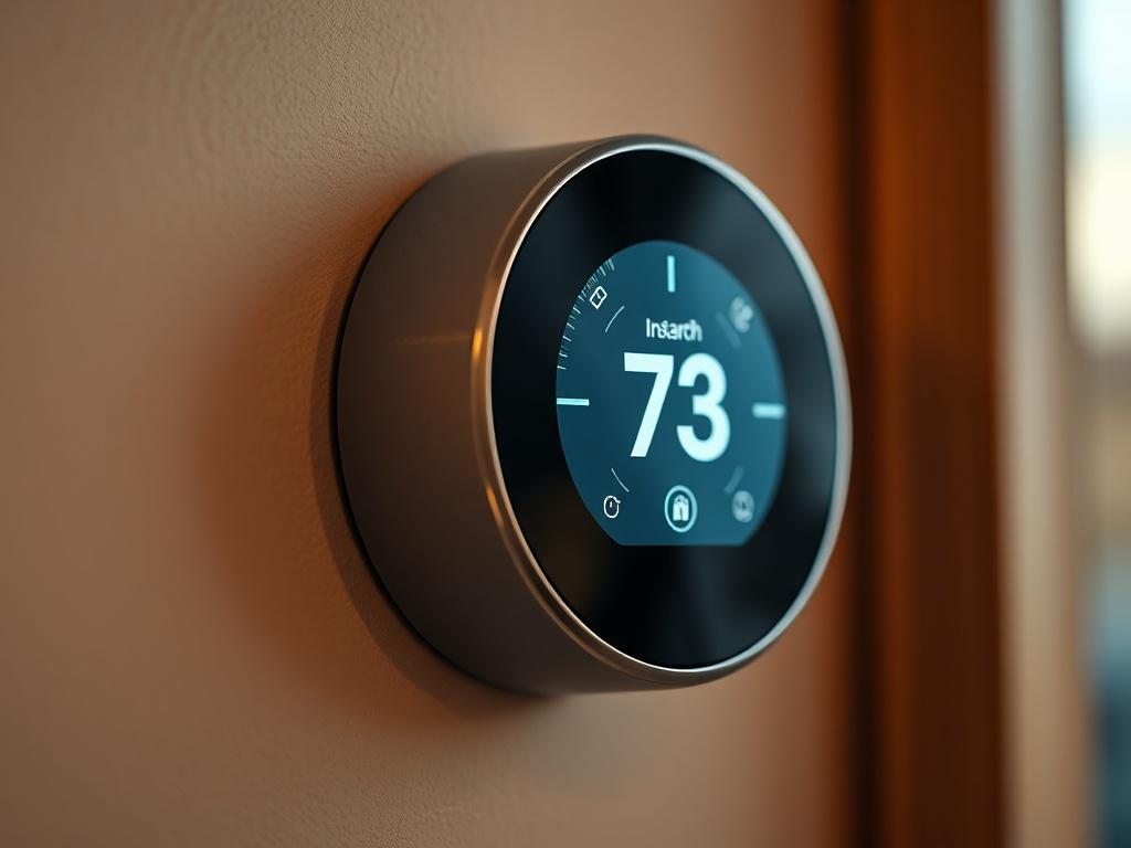 A close-up shot of a sleek, modern smart thermostat mounted on a wall, with a clear display showing temperature settings. The background is softly blurred to emphasize the thermostat, with warm lighting to create a cozy atmosphere.