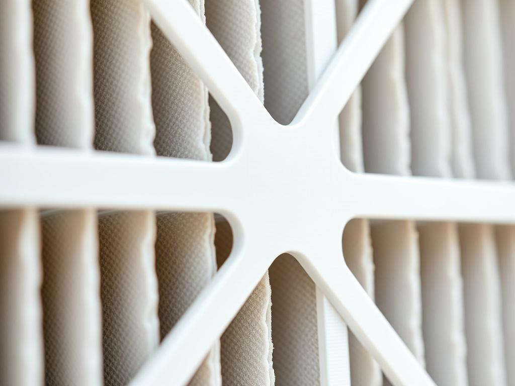 A close-up shot of a high-efficiency air filter with visible texture and pleats, set against a clean, white background. The filter is shown in natural light to highlight its quality and design.