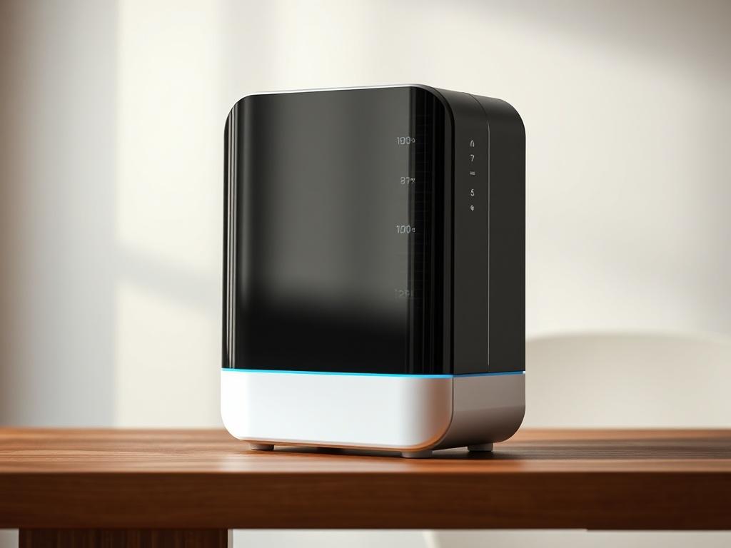 A close-up shot of a sleek, modern portable air purifier on a wooden table, with a soft glow indicating air quality. The background is minimalistic, focusing on the purifier’s design and functionality.