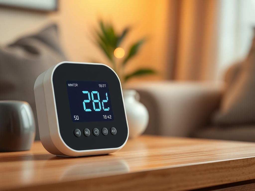 A close-up shot of a stylish air quality monitor, displaying its digital readout. The setting should be a cozy home environment, with soft lighting to highlight the monitor's features. The focus should be on the device, capturing its modern design and functionality.