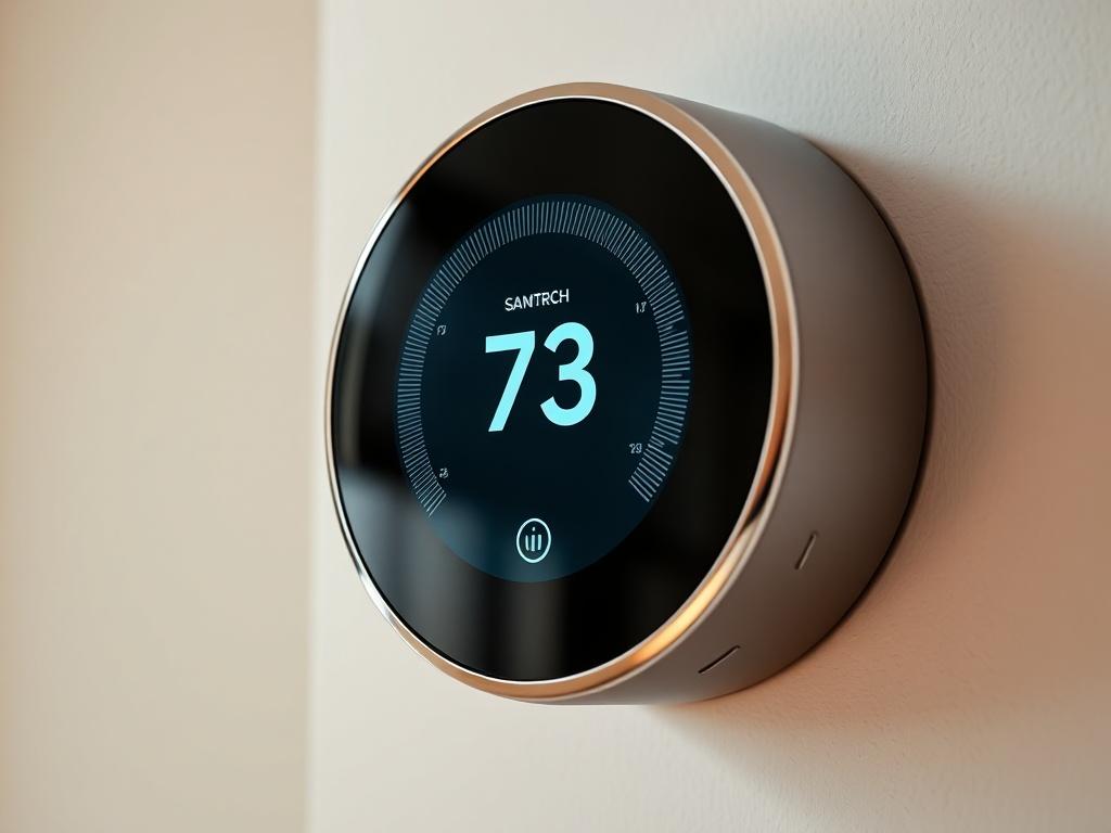 A hyper-realistic close-up of a modern smart thermostat mounted on a wall, showcasing its sleek touchscreen interface. The background should be simple and unobtrusive, emphasizing the product's advanced technology. Use natural lighting to enhance the details of the thermostat, reflecting a contemporary home setting.