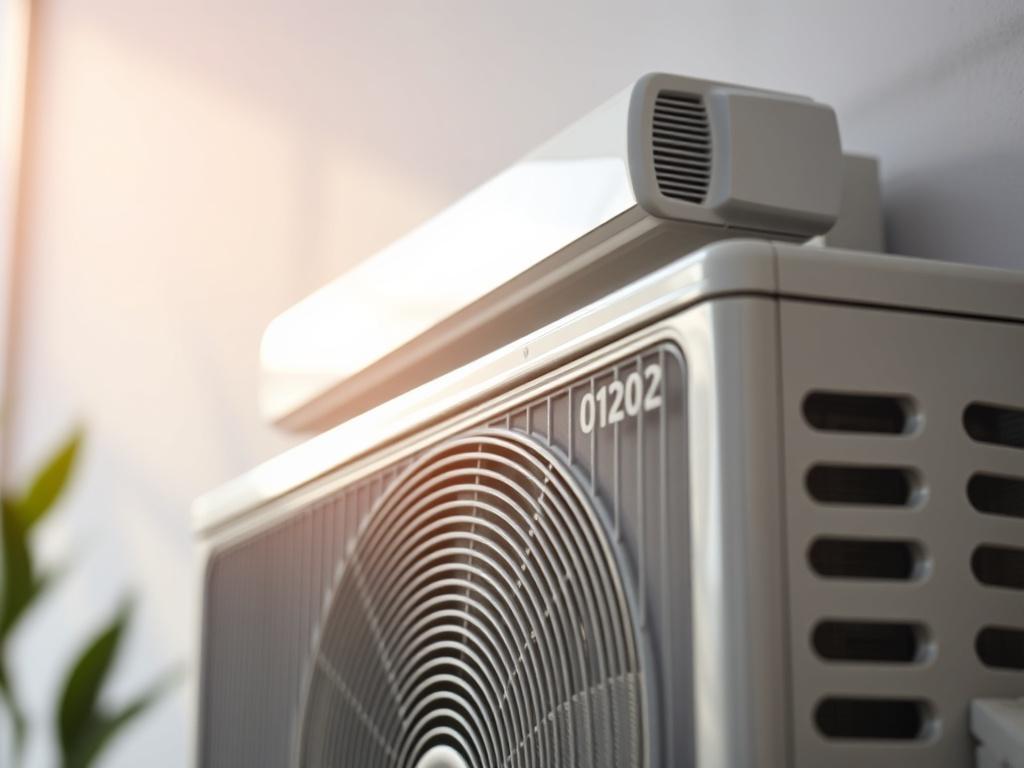A close-up shot of an energy-efficient HVAC unit, highlighting its sleek design and modern features. The background should be a simple, neutral color to emphasize the unit, with natural light enhancing the details. The image should reflect a hyper-realistic style, capturing the essence of advanced technology in HVAC systems.