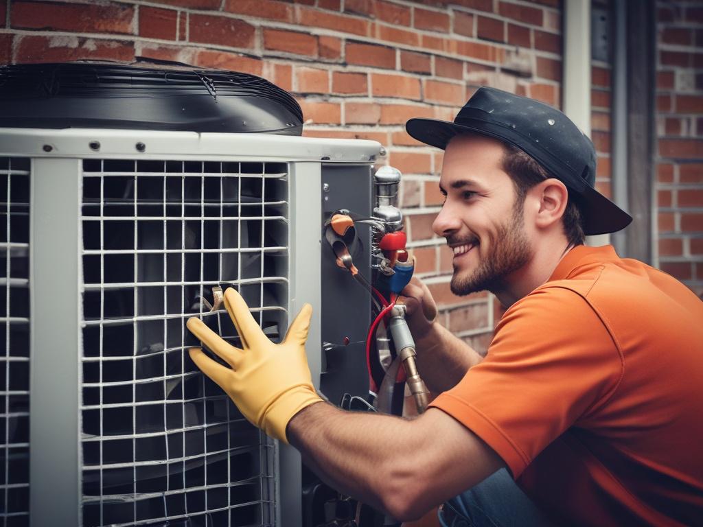 Create a high-resolution, realistic image for a blog titled "Seasonal Maintenance Tips for Your HVAC System." Focus on a close-up shot of a skilled HVAC technician performing routine maintenance on an air conditioning unit. The technician should be depicted in a professional outfit, wearing gloves, and examining the unit with a focused expression while holding a tool, such as a screwdriver or a multimeter, in one hand. 

The background should be a clean outdoor space, with a hint of a house in soft focus to