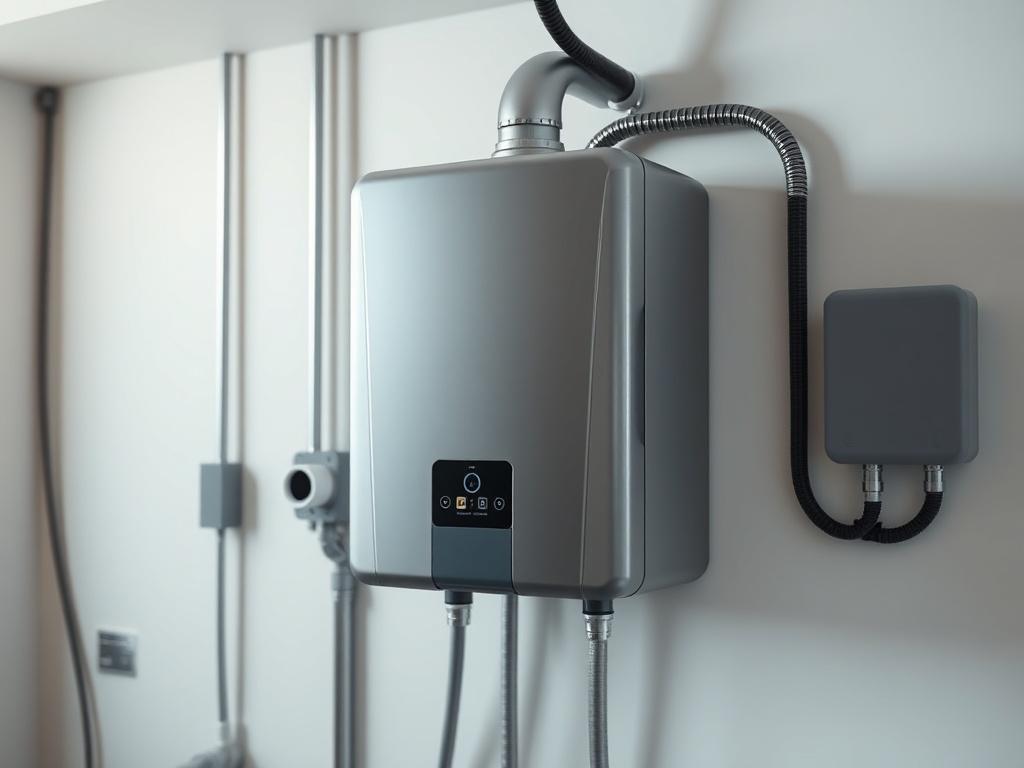 A high-resolution close-up shot of a sleek, modern tankless water heater installed on a wall, showcasing its compact design and clean lines. The background should be a well-lit, tidy utility room with subtle details like plumbing and electrical connections, emphasizing the professionalism of the installation. The colors should be vibrant, with a focus on the water heater's metallic surface, and the overall composition should be simple and clear, highlighting the product.