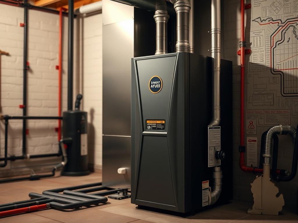 Create a highly detailed, realistic high-resolution photo of a modern high-efficiency furnace prominently displayed in a well-lit, residential basement. The furnace should be sleek and contemporary, emphasizing energy efficiency with visible features such as an energy rating label showcasing a high AFUE (Annual Fuel Utilization Efficiency) percentage. The focus should be on this single unit, showcasing its design and advanced technology. 

In the background, subtly include a calculative backdrop featuring v