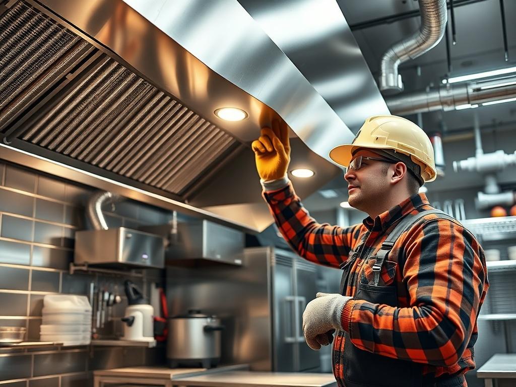 **Prompt for AI Image Generator:**

Create a realistic high-resolution photo that visually represents the topic of "Restaurant Commercial HVAC: Kitchen Ventilation and Climate Control Systems." The composition should be simple and clear, featuring a single subject: a skilled technician inspecting a restaurant kitchen's HVAC system, specifically focusing on the ventilation hood above the stove. The technician should be wearing professional safety gear, including a hard hat and gloves, while holding tools use