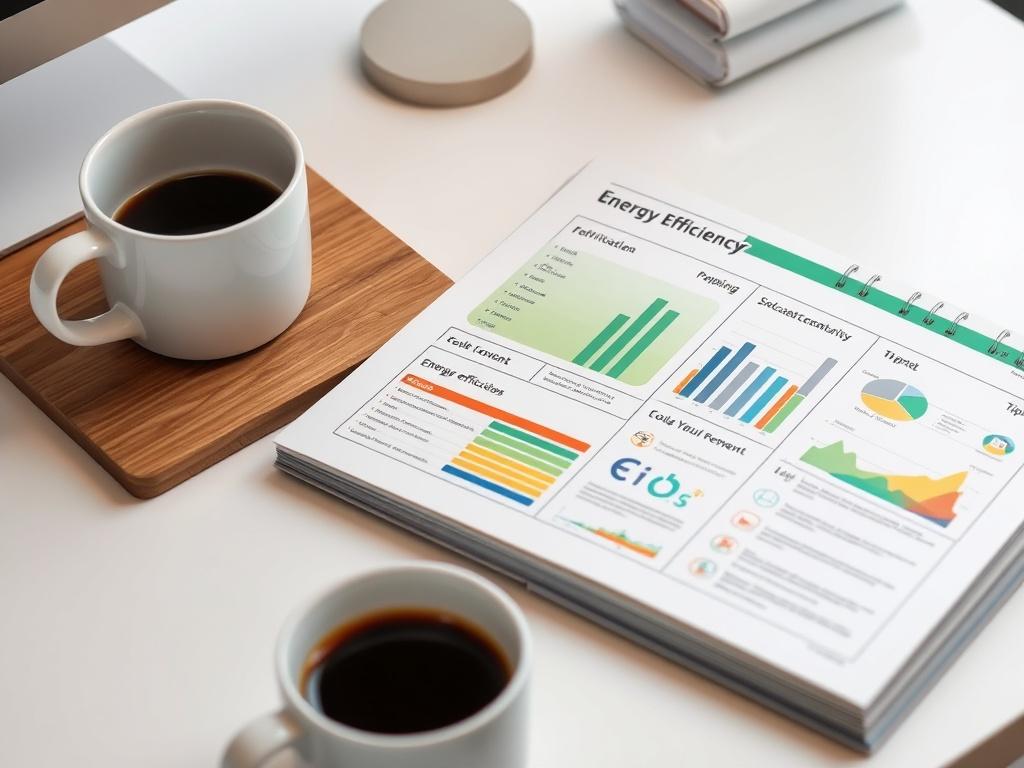 A realistic close-up shot of an open Energy Efficiency Guide on a clean desk, with a cup of coffee beside it. The guide should display vivid charts and tips, while the background remains softly focused to highlight the guide.