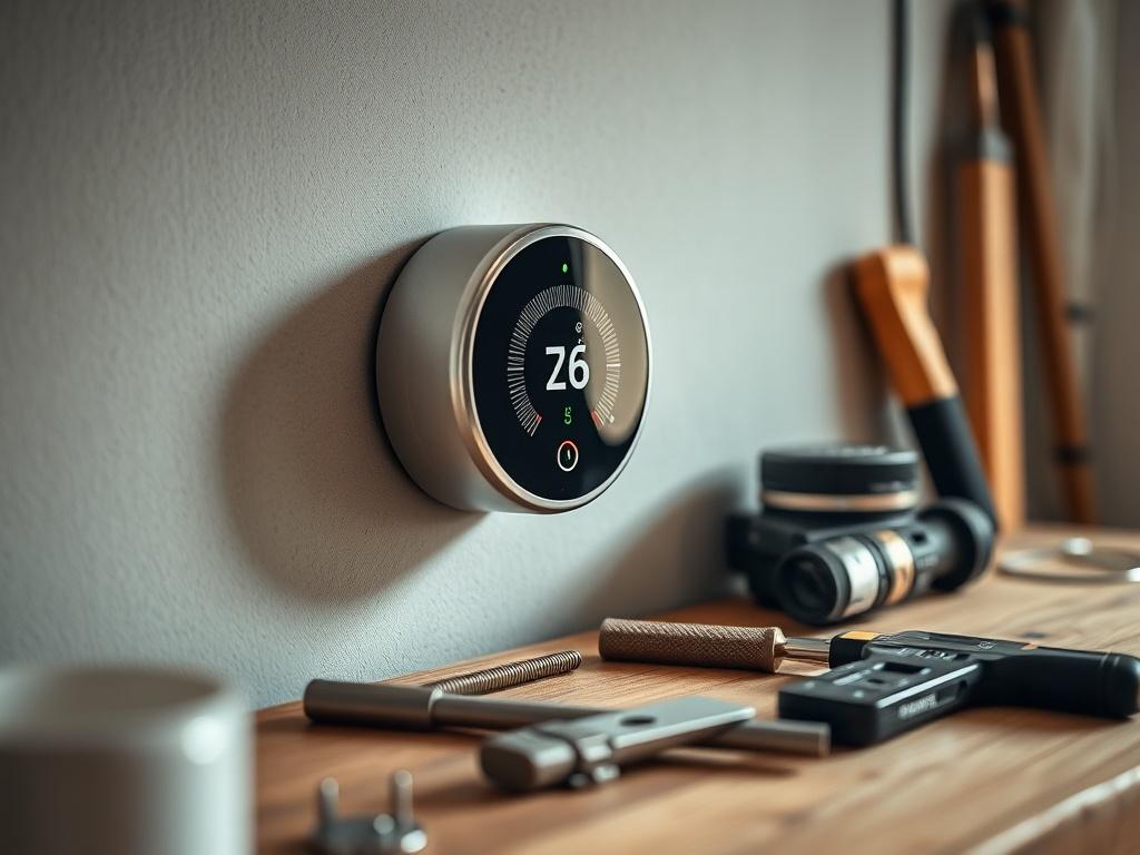 A hyper-realistic close-up shot of a smart thermostat on a wall, with tools and installation materials laid out on a nearby table. The thermostat should display a digital temperature readout, while the background subtly fades to focus on the device.