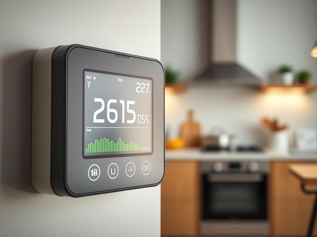 A close-up image of an energy monitoring display unit showing real-time statistics. The background is a modern kitchen, softly blurred out to keep focus on the device. The color scheme is bright, emphasizing the technology's user-friendly interface.