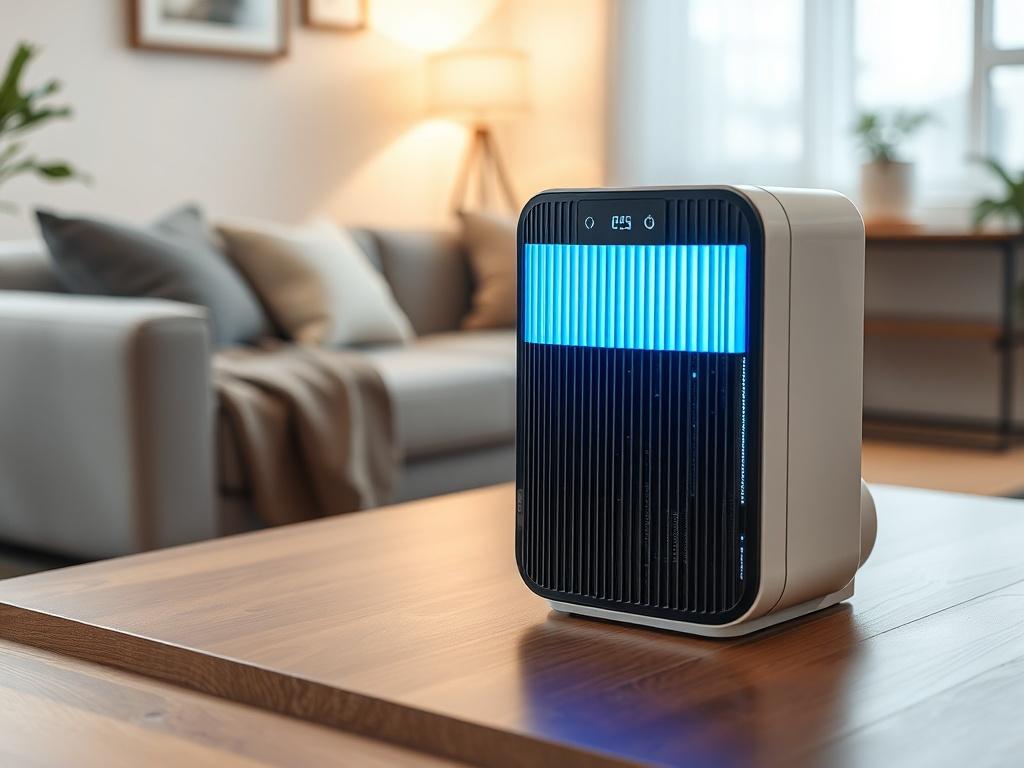 A high-resolution image of a UV air purifier placed on a living room table, with a bright light emanating from it. The background features a cozy living space with soft furnishings, showcasing a clean and inviting atmosphere. The focus is on the purifier, highlighting its modern design.