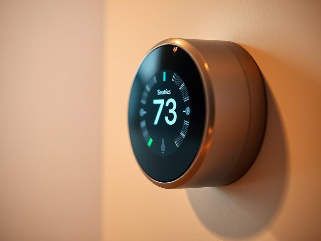 A close-up shot of a sleek smart thermostat mounted on a wall, showcasing a digital display with temperature settings. The background is soft and out of focus, emphasizing the thermostat as the main subject. The colors are warm and inviting, complementing the modern design of the device.