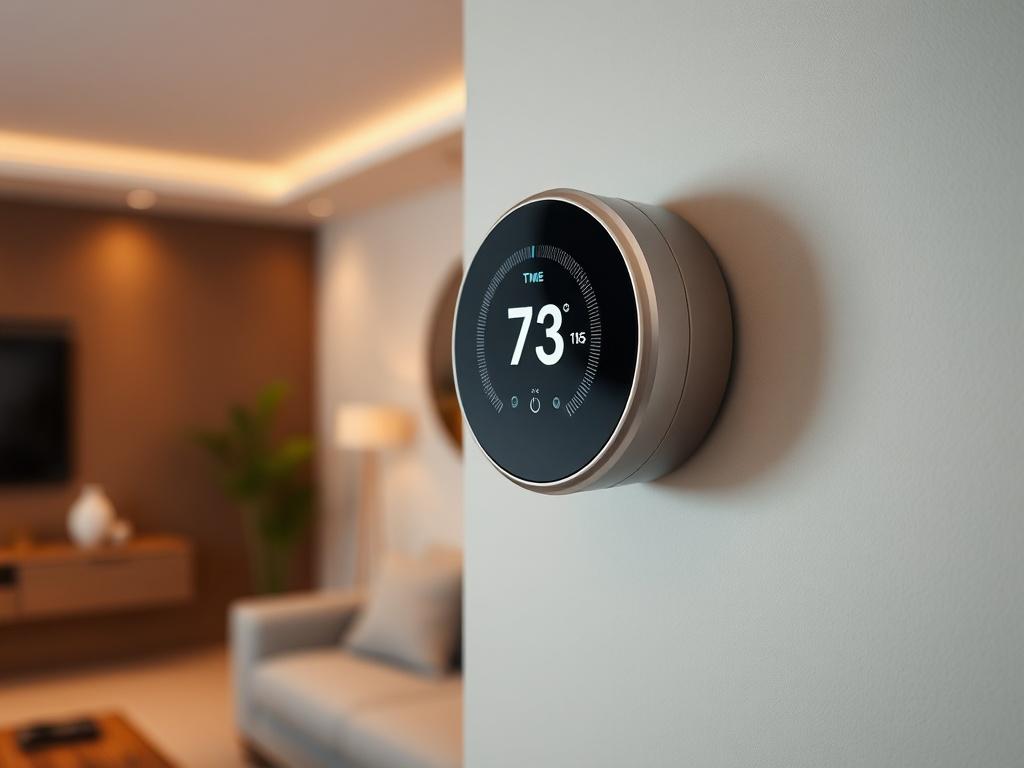 A high-resolution image of a smart thermostat mounted on a stylish wall, displaying an easy-to-read interface. The background should be a modern, well-lit living space, emphasizing the sleek design of the thermostat. Include subtle lighting to create a cozy and inviting atmosphere around the device.