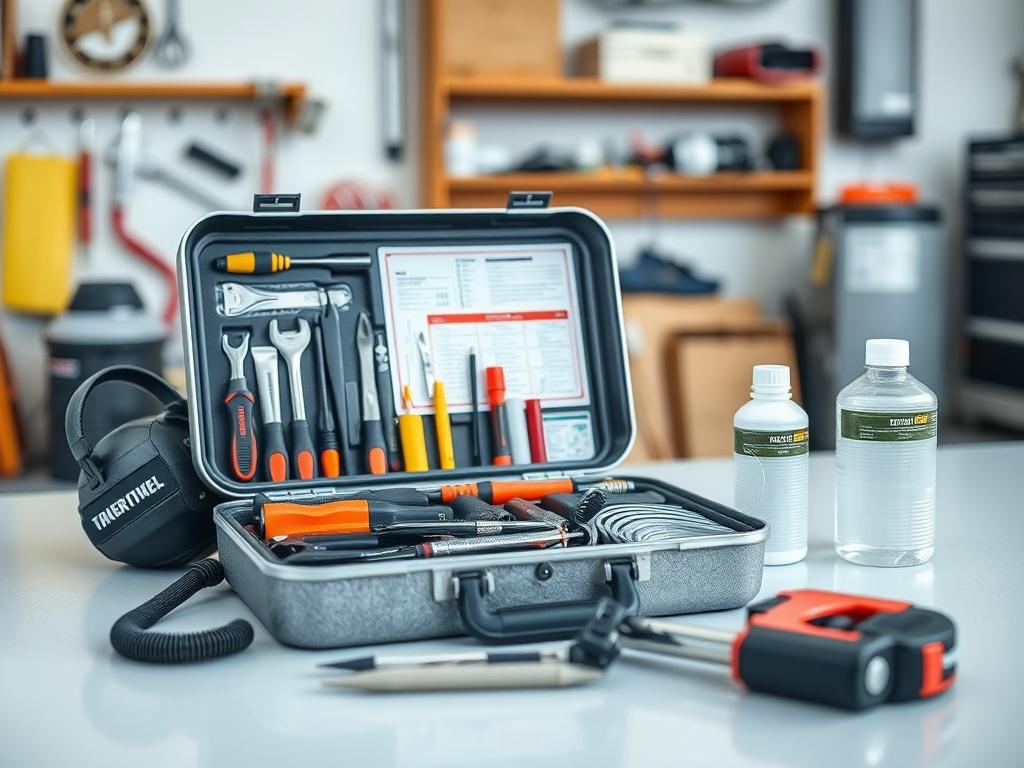 An attractive close-up of an HVAC maintenance kit displayed on a clean surface. The kit should be open, showcasing the various tools and supplies inside, with a background hinting at a workshop or garage setting. The image should convey a sense of practicality and readiness for home maintenance tasks.
