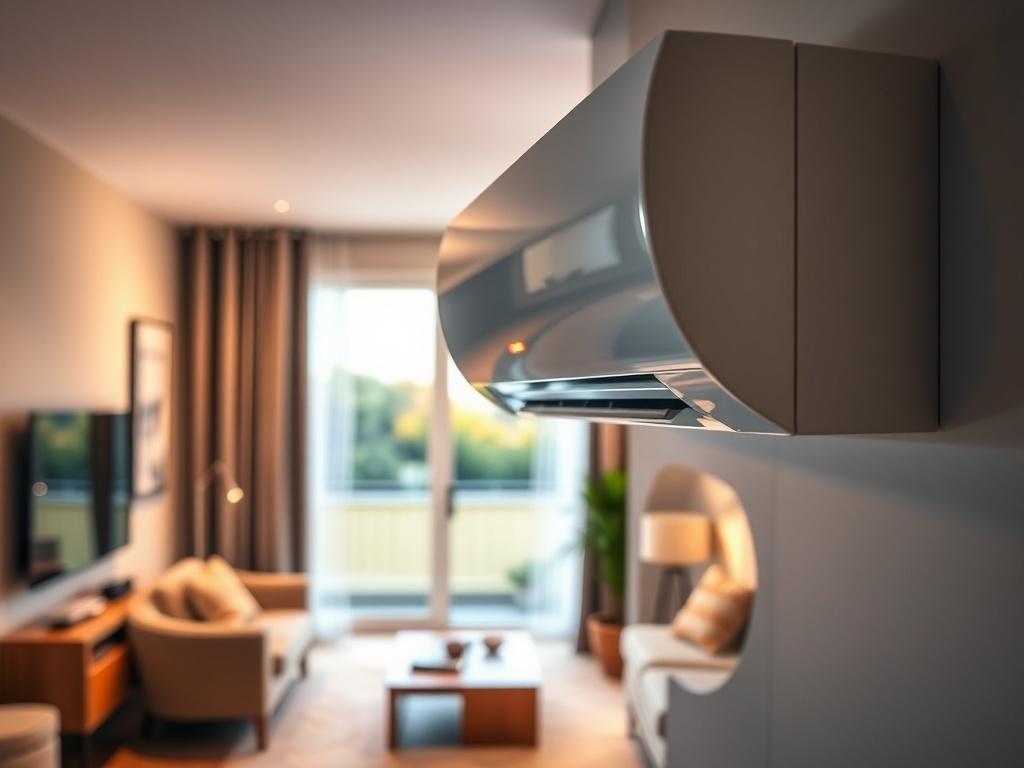A close-up shot of a modern energy-efficient HVAC unit installed in a stylish home setting. The focus should be on the sleek design of the unit, with a blurred background showcasing a well-decorated living room. The image should have vibrant colors and a warm atmosphere, highlighting the advanced technology of the HVAC system.