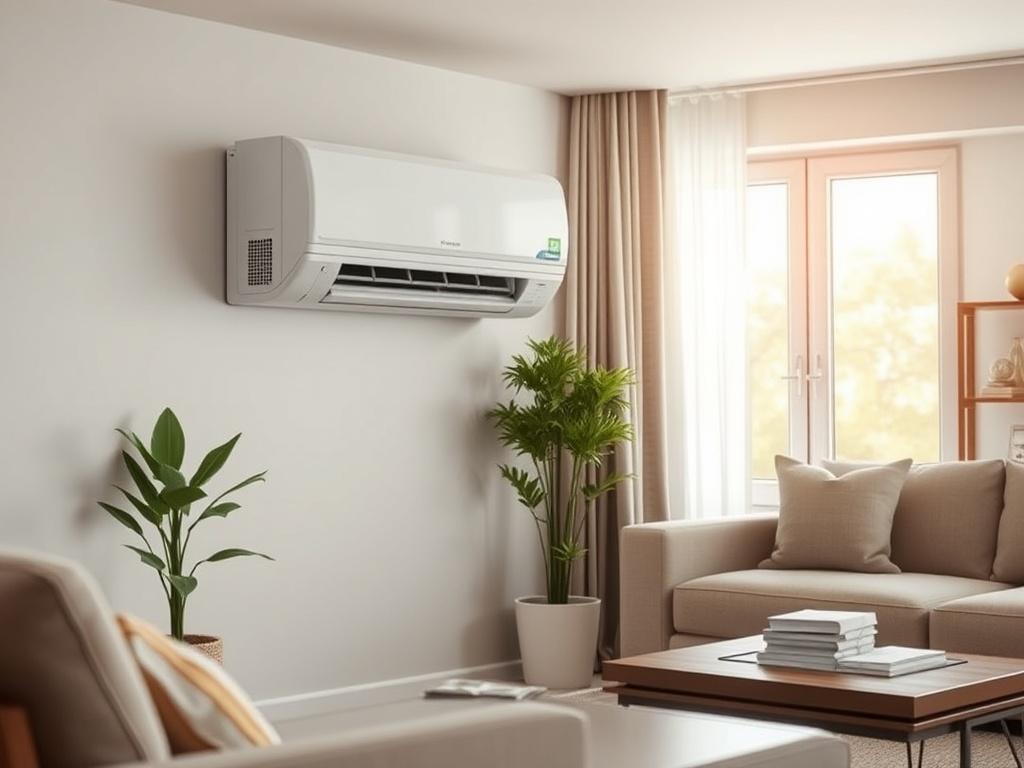 Create a realistic high-resolution photo of a modern energy-efficient air conditioner installed in a stylish living room. The composition should be simple and clear, with the air conditioner as the sole subject, positioned prominently on a clean, well-maintained wall. The background should feature soft, natural lighting streaming through a nearby window, illuminating the room with a warm and inviting atmosphere. 

In the foreground, display a subtle arrangement of household elements such as a cozy sofa and 