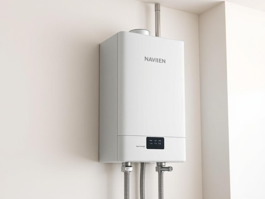 A high-resolution close-up shot of a Navien tankless water heater installed on a wall, showcasing its sleek design and high-efficiency features. The background should be simple and clean, emphasizing the water heater's modern technology. The image should be rendered in hyper-realistic style, shot with a 45mm f/1.2 lens to create a shallow depth of field, bringing focus to the unit itself.