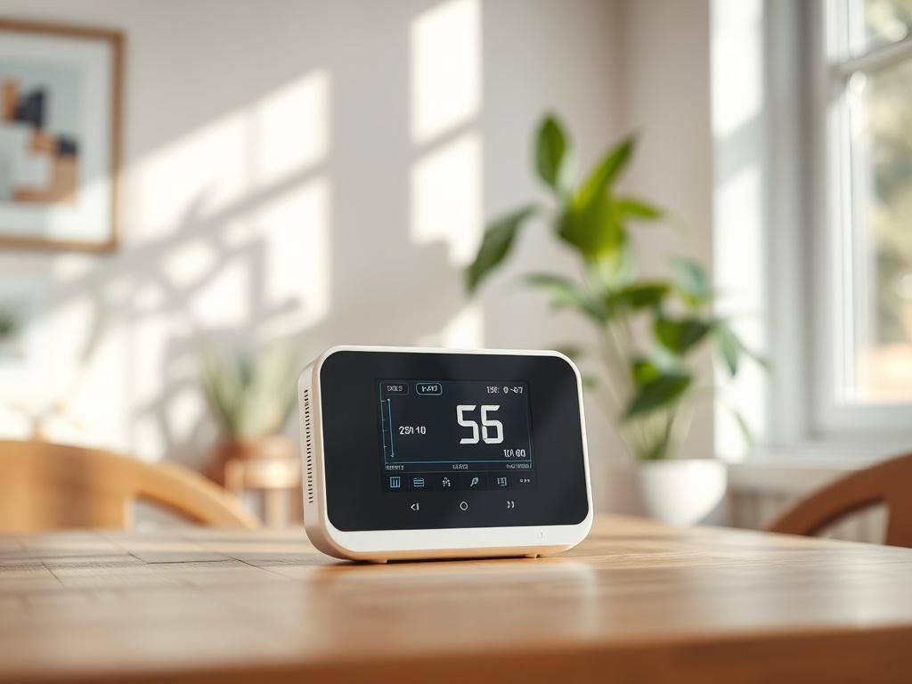 A high-resolution close-up shot of an indoor air quality monitor placed on a wooden table in a bright, airy room. The monitor's screen should display live data readings, with natural light streaming in from a nearby window. The background should include houseplants, emphasizing a healthy living environment.