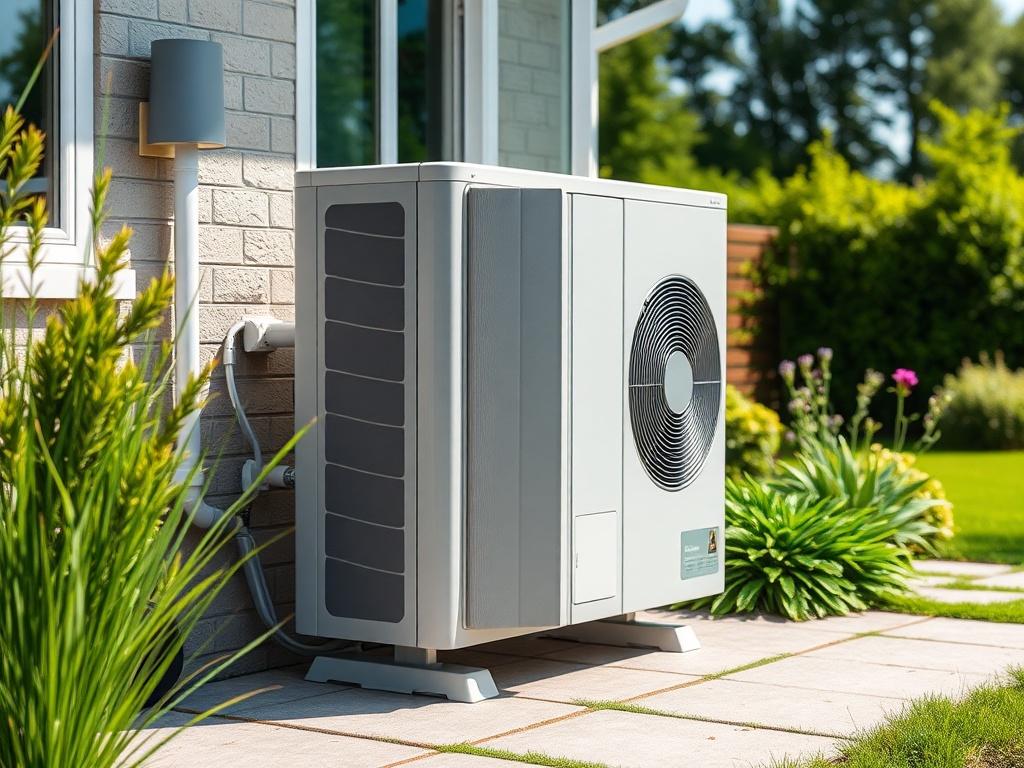 A high-resolution close-up shot of a modern energy-efficient heat pump installed outside a stylish home. The pump should be the central focus with a clean, well-maintained garden in the background. The image should reflect a sunny day with vibrant colors, capturing the sleek design of the heat pump against the green landscape.