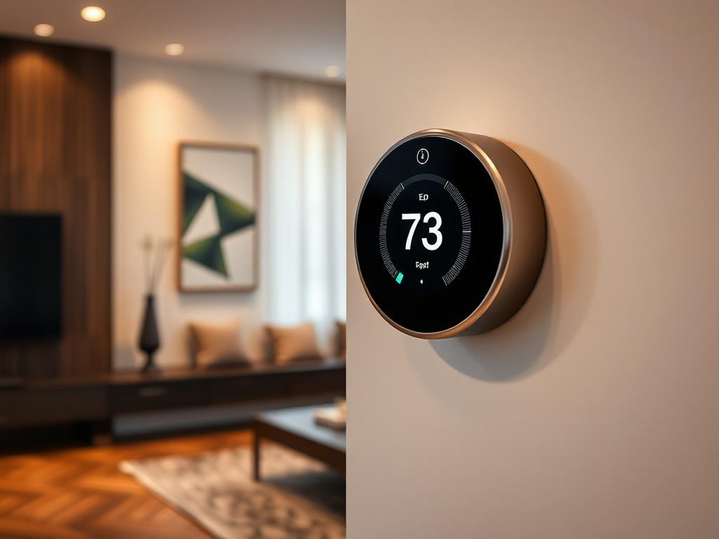 A high-resolution close-up shot of a sleek smart thermostat mounted on a stylish wall in a modern living room. The thermostat's display should be visible and illuminated, showcasing user-friendly settings. The background should include contemporary decor elements, providing a warm and inviting atmosphere.
