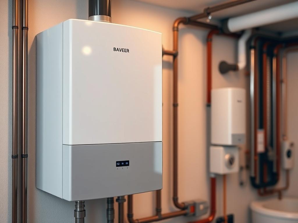 A close-up shot of a modern boiler system installed in a residential setting. The image should focus on the sleek design of the unit, showcasing its features and controls. The background should be a well-lit utility room with pipes and water heating elements visible, emphasizing a clean and efficient setup. The color palette should include the primary color rgb(179, 25, 66), creating a warm and inviting atmosphere.