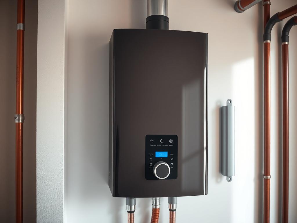 A high-resolution close-up shot of a modern tankless water heater, showcasing its sleek design and digital control panel. The heater should be installed on a wall in a clean, well-lit utility room with visible plumbing and heating pipes. The composition should focus on the heater, with subtle reflections and highlights to emphasize its modern features. The background should be uncluttered, emphasizing the professionalism of the installation.