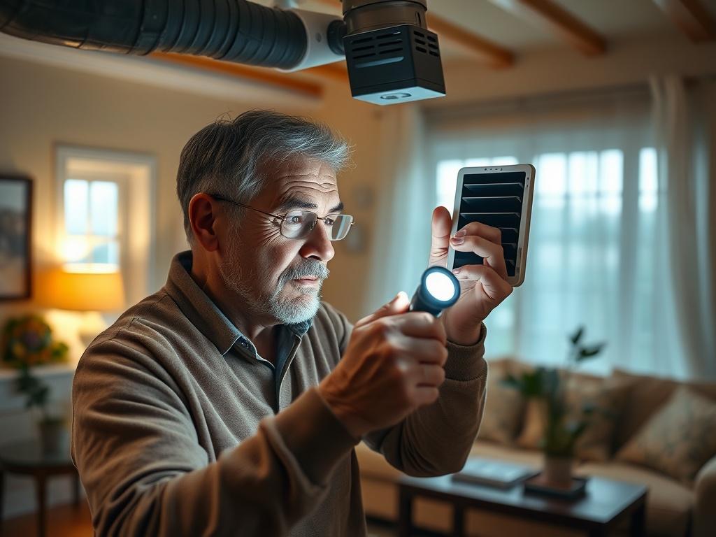 Create a realistic high-resolution photo that captures the essence of home ventilation needs. The composition should focus on a single subject: a concerned homeowner inspecting a duct vent in their living room. The subject is a middle-aged individual, holding a flashlight and peering closely into the duct, demonstrating their engagement with the issue. 

In the background, include a cozy, well-lit living room that reflects a typical home environment, featuring warm colors and a comfortable atmosphere. There