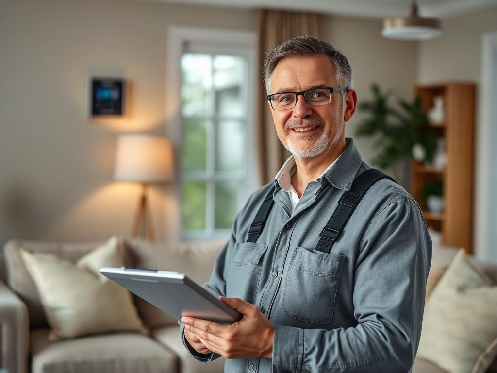 Create a realistic high-resolution close-up photograph that illustrates the concept of selecting heating and cooling solutions for a home. The focal subject of the image should be a knowledgeable HVAC technician, a middle-aged professional, wearing a neatly pressed work uniform and holding a clipboard and a digital measuring tool. The technician should have a focused and friendly expression, symbolizing trust and expertise, as they assess the environment.

The background should consist of a well-lit, cozy l
