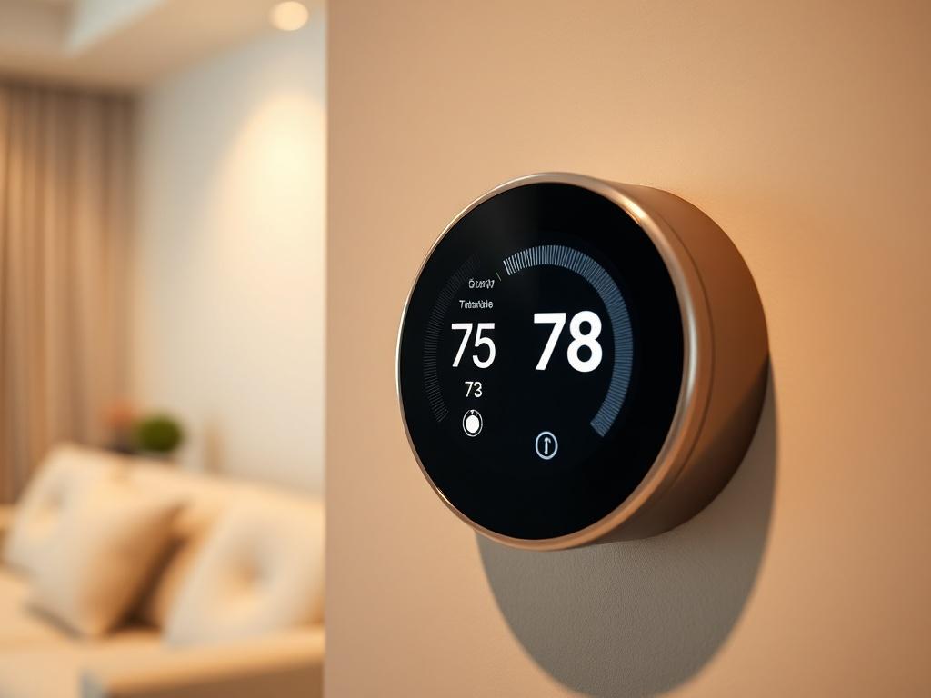 A hyper-realistic close-up of a sleek smart thermostat mounted on a wall, displaying an easy-to-read interface. The background should be minimalistic, highlighting the modern design of the thermostat. Use soft lighting to create a warm and inviting atmosphere, focusing on the device's features in a stylish living room.