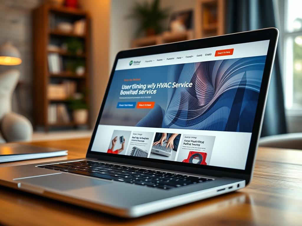 A close-up shot of a modern laptop displaying a user-friendly HVAC service website with clear navigation and booking functionality. The screen shows a vibrant interface with easy-to-read text and images related to heating and cooling services. The setting is a cozy home office with warm lighting, emphasizing comfort and professionalism.