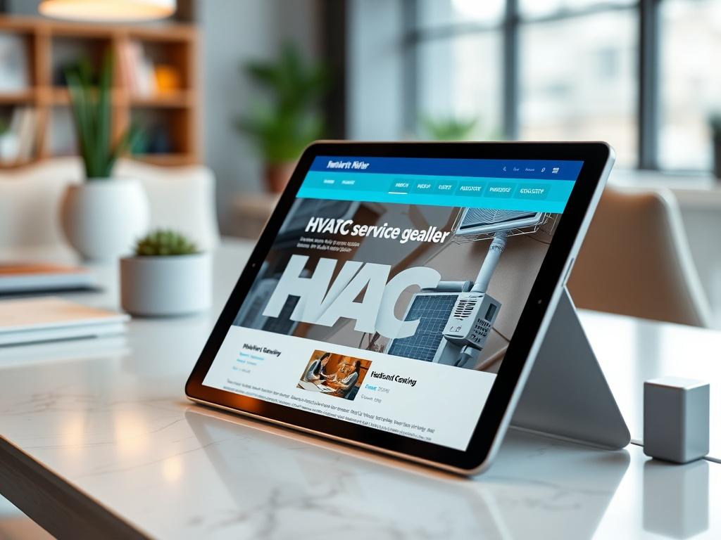 A close-up shot of a beautifully designed HVAC service website displayed on a tablet. The screen features stunning visuals of heating and cooling units with engaging graphics and a modern layout. The background is a stylish workspace, symbolizing professionalism and innovation.