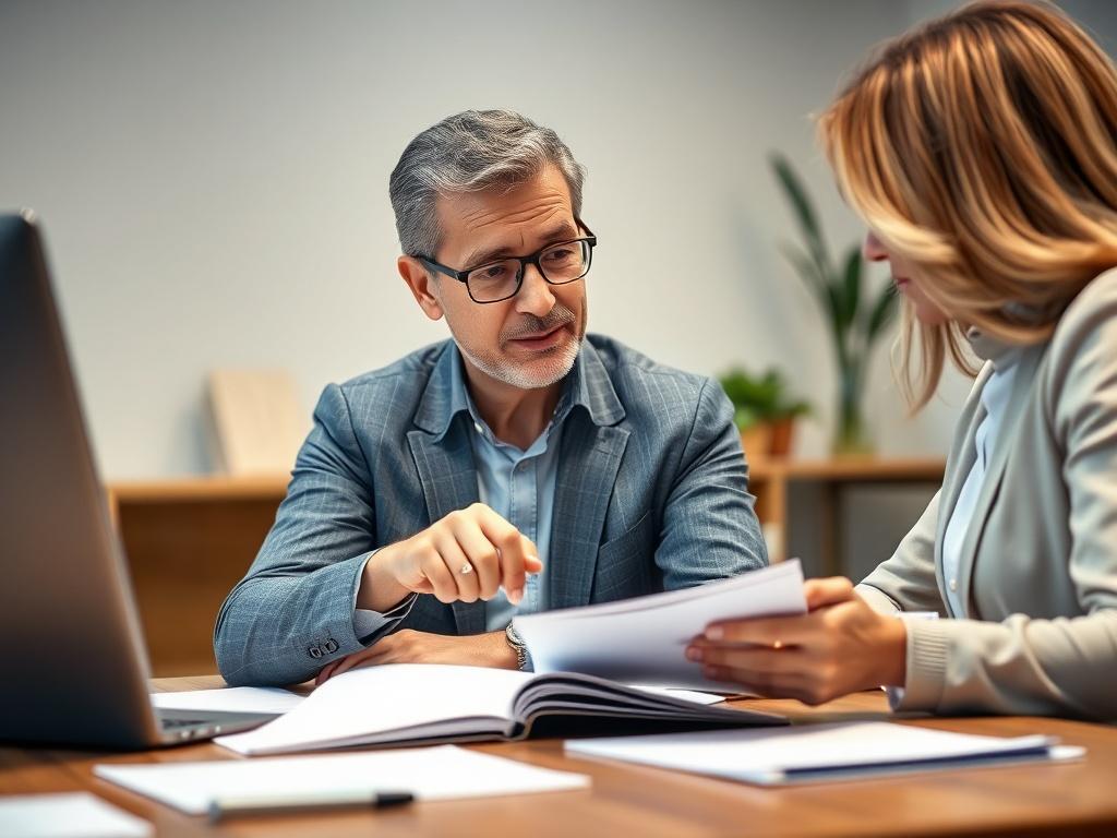 A focused, high-resolution close-up shot of a compassionate advocate sitting at a desk, discussing documents with a concerned client. The advocate is pointing at a folder containing important paperwork, conveying a sense of support and guidance. The background is softly blurred, emphasizing the interaction and warmth of the consultation. The scene is well-lit, creating a welcoming atmosphere, with colors harmonizing with the #C31755 primary color.