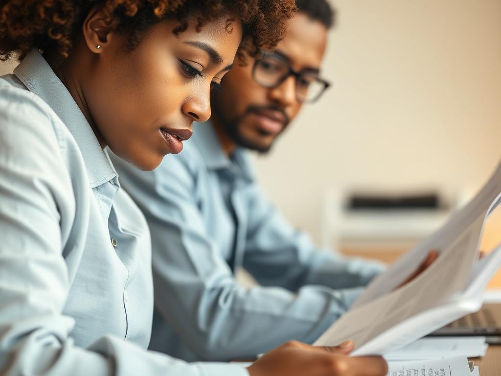 A focused, high-resolution close-up shot of a diverse individual reviewing important documents related to disability claims. The subject appears engaged, surrounded by a clean and organized workspace, with a soft-focus background that suggests a calm, professional atmosphere. The lighting highlights the determination on their face, capturing the essence of seeking assistance in navigating SSI documentation.