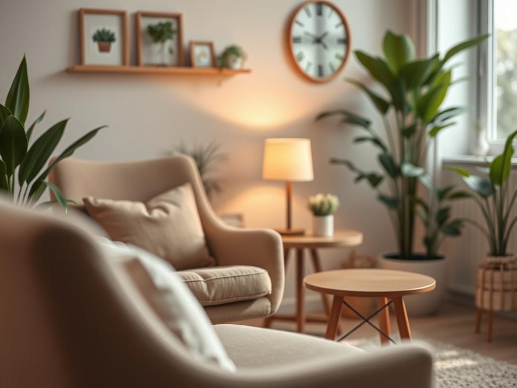 A close-up shot of a warm and welcoming consultation space, featuring a single comfortable chair with soft cushions and a small round table with a cozy lamp. The background shows a peaceful and inviting atmosphere with light colors, plants, and calming decor. The image should be hyper-realistic and shot with a 45mm f/1.2 lens style, focusing on creating a sense of safety and comfort for individuals seeking support.