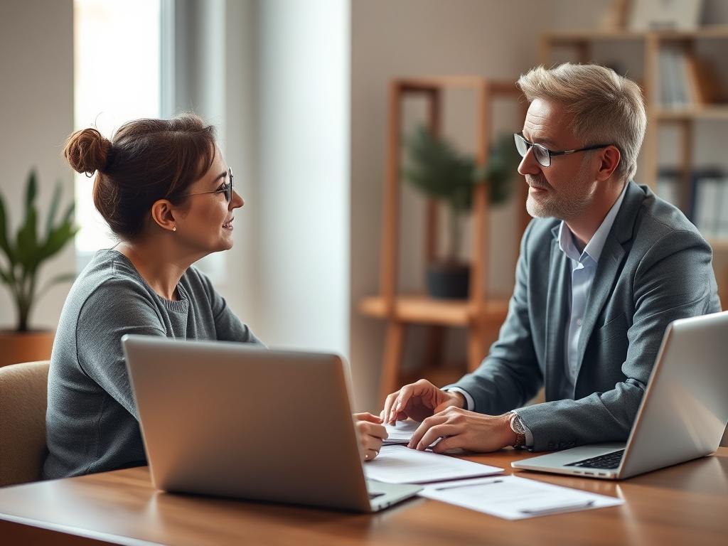 A close-up shot of a person sitting at a desk, engaged in a one-on-one consultation with a supportive consultant. The consultant is listening intently, with papers and a laptop open in front of them. The background is softly blurred to focus on the interaction, and warm, inviting colors are used to create a comforting atmosphere.