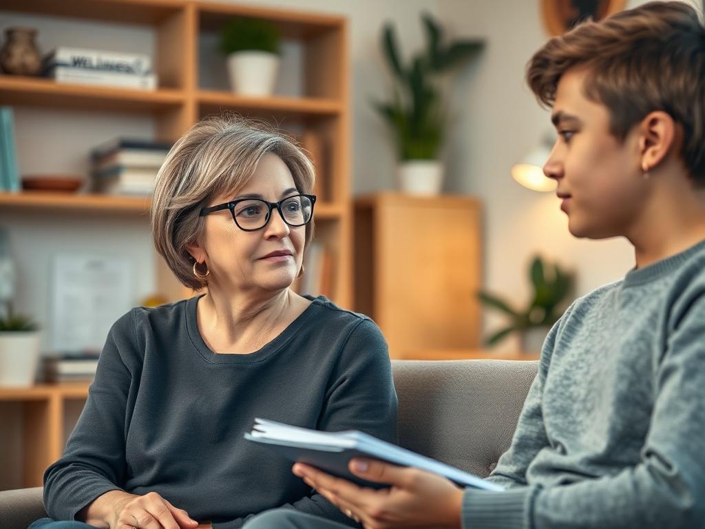 A close-up shot of a compassionate advocate sitting with a client in a warm, inviting office setting. The advocate is listening intently, showing understanding and empathy. The background features soft lighting and shelves with wellness resources, creating a supportive atmosphere. The advocate is a middle-aged woman with glasses, and the client is a young adult with a notebook in hand, looking hopeful. The image is rendered in hyper-realistic detail with a focus on facial expressions, shot with a 45mm f/1.2