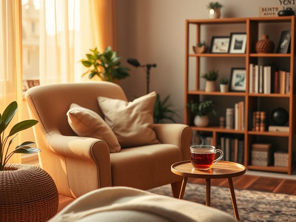 A cozy living room scene featuring a warm, inviting armchair