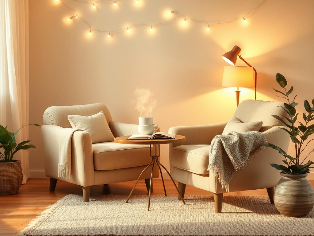 **AI Image Generator Prompt:**

Create a realistic high-resolution photo titled "Creating Cozy Spaces." The composition should focus on a beautifully arranged living room that embodies warmth and comfort. The main subject will be a plush, oversized armchair, upholstered in a soft, muted fabric, placed at an angle facing a small side table. On the table, display a steaming mug of herbal tea, a flickering candle, and an open book, inviting relaxation. 

The background should showcase a softly lit space with d