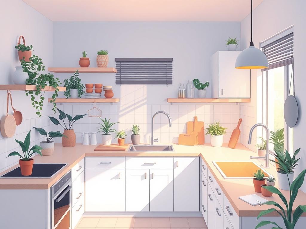 An organized kitchen with decluttered countertops, featuring minimalist decor, plants, and neatly arranged utensils. The scene should convey a sense of calm and order, with warm lighting and soft colors, emphasizing a serene and inviting atmosphere.
