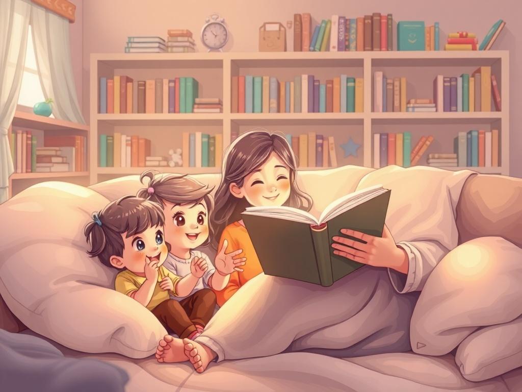 A warm, inviting scene of a mother reading a story to her children in a cozy living room. The children are engaged and smiling, surrounded by soft pillows and a cozy blanket. The background should feature shelves filled with books and toys, creating a nurturing and loving environment.
