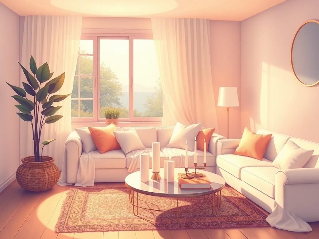 A cozy living room with soft textures and warm lighting, featuring a comfortable sofa with pillows, a decorative rug, and a coffee table with books and candles. The background should depict a window showing a serene outdoor view, and the color palette should include soft pastels with an ethereal quality, creating a warm and inviting atmosphere.