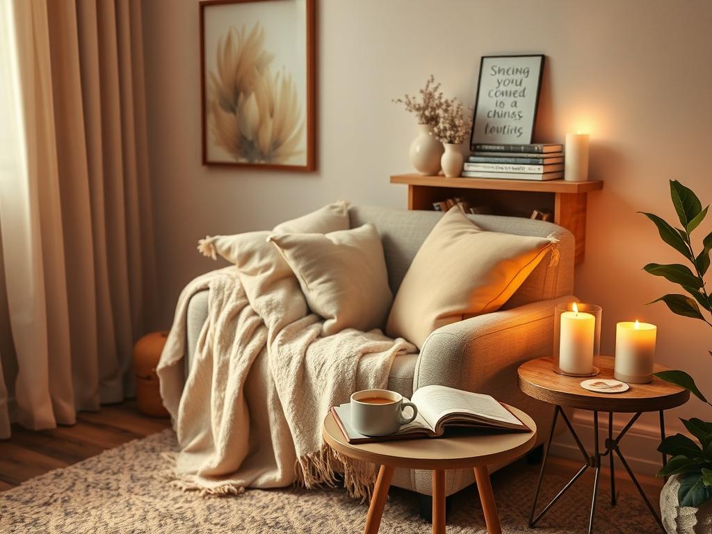 A serene corner of a room dedicated to emotional wellness, featuring a comfortable armchair draped with a cozy blanket and surrounded by soft pillows. A small side table holds a steaming cup of tea and an open journal with a pen, inviting moments of reflection and relaxation. The backdrop includes a calming wall art piece and a shelf with self-help books and candles. Soft, ambient lighting creates a peaceful atmosphere, perfect for unwinding and nurturing emotional well-being.