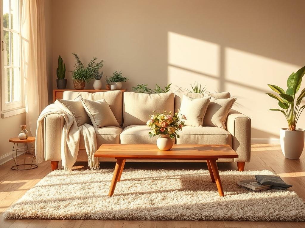 A warm and inviting living room featuring a beautifully arranged sofa with plush cushions, a soft throw blanket draped over the arm, and a wooden coffee table adorned with a small vase of fresh flowers. The walls are painted in soft, neutral tones, and a large window allows natural light to flood the space. A plush area rug lies beneath the coffee table, adding texture and warmth. The background displays a few potted plants, creating a serene atmosphere perfect for relaxing.