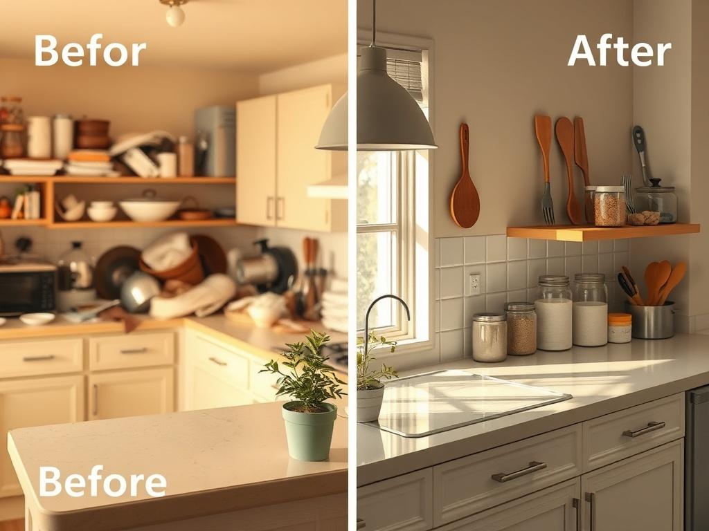 A before-and-after image showcasing a cluttered kitchen counter transformed into an organized, functional space. The 'before' side shows various items scattered and disorganized, while the 'after' side features neatly arranged kitchen tools, decorative jars, and a clean countertop. Soft golden lighting highlights the transformation, emphasizing the calm and inviting atmosphere. A small potted herb sits on the counter, adding a touch of greenery and life to the scene, illustrating how simple changes can make